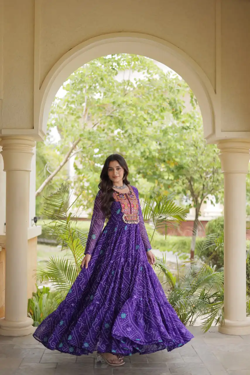 Glowing Purple Faux Georgette Bandhani Print Work Gown - Image 2