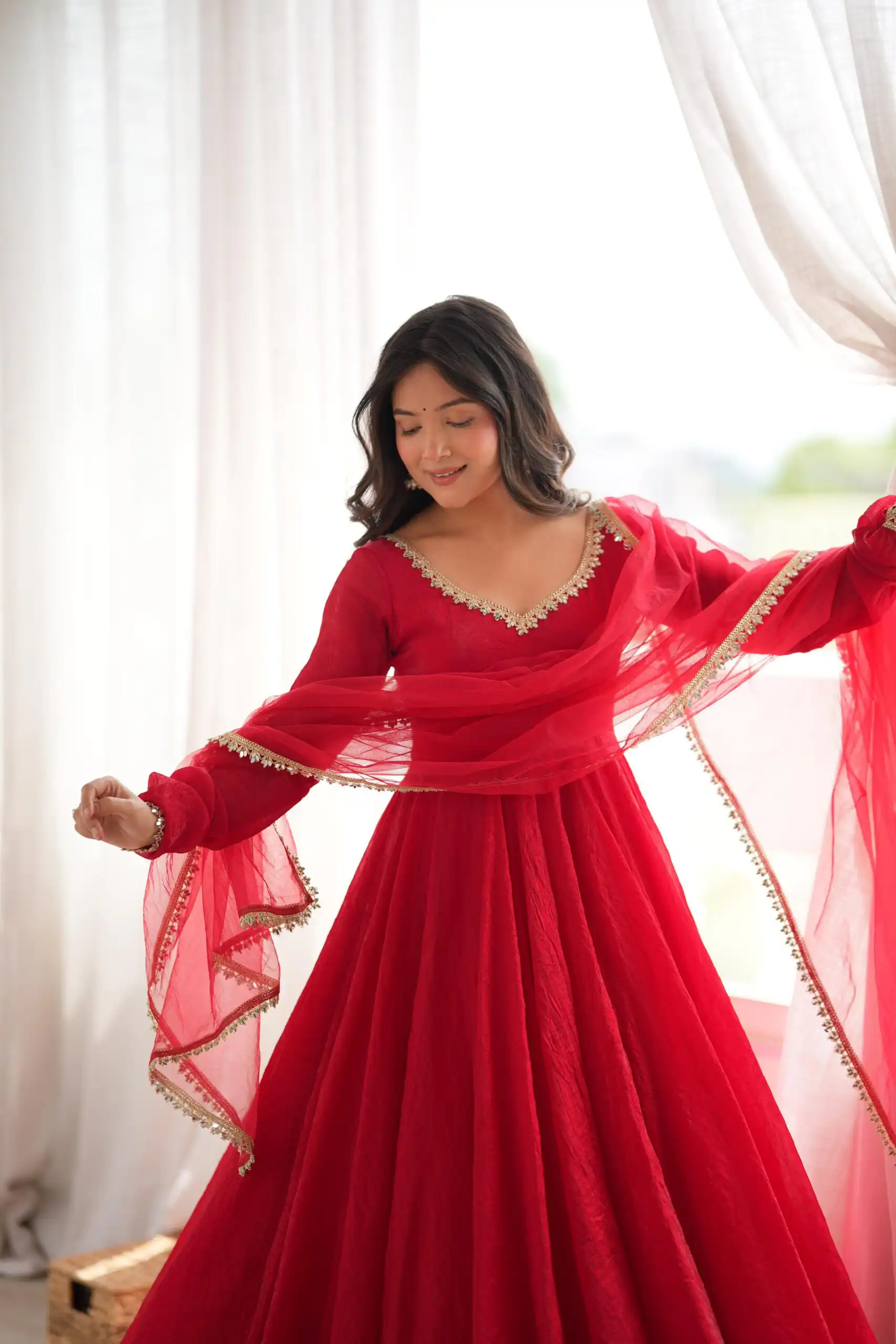 Glowing Red Doremon Crush Mirror Work Gown - Image 2