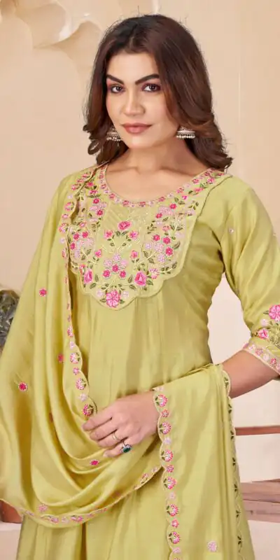 Alternative view of Glowing Yellow Mal Chanderi Thread Work Salwar Suit