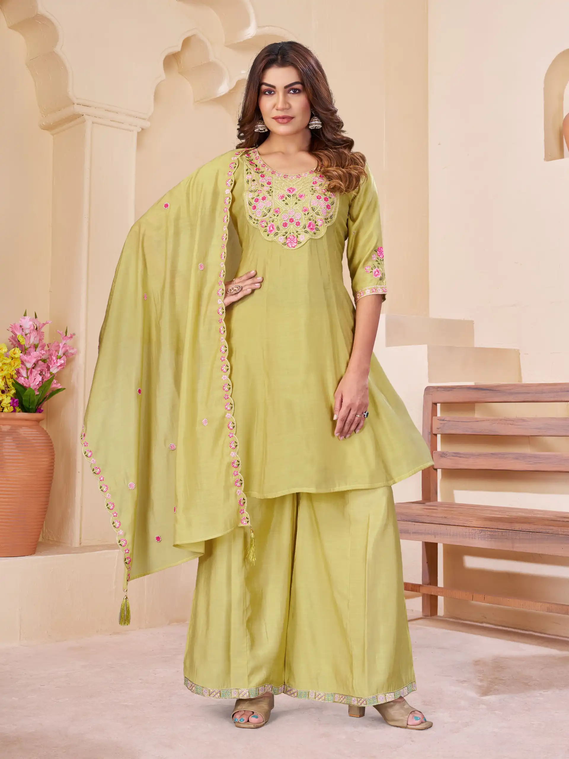 Glowing Yellow Mal Chanderi Thread Work Salwar Suit