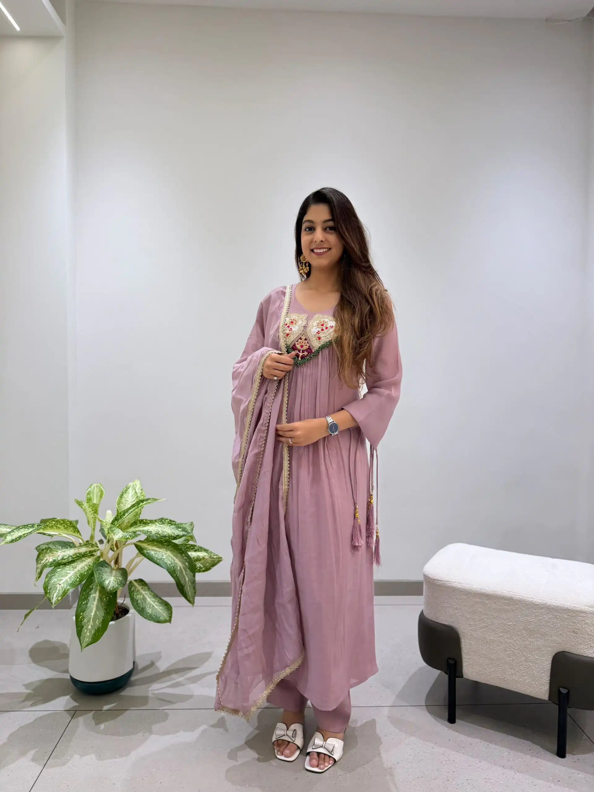 Graceful Lavender Mul Chanderi Embroidery Work Salwar Suit - Image 5