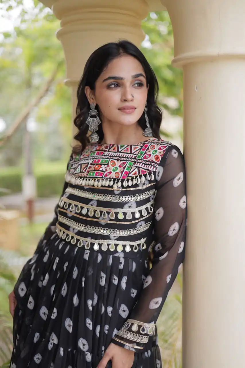 Great Black Faux Georgette Bandhani Kutchi Work Gown - Image 4