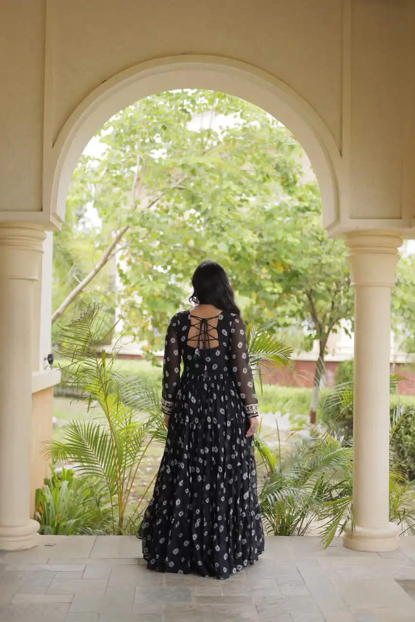 Great Black Faux Georgette Bandhani Kutchi Work Gown - Image 3