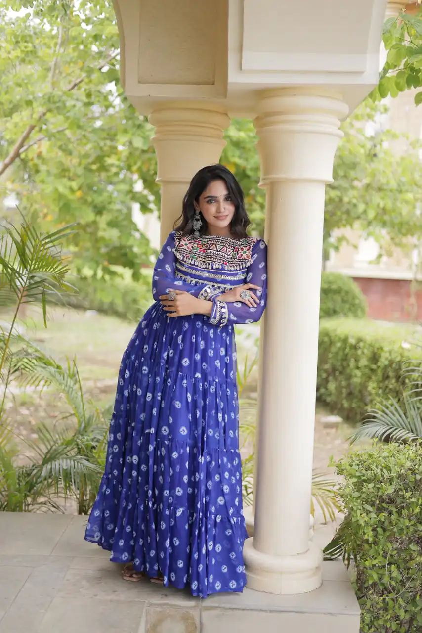 Great Blue Faux Georgette Bandhani Kutchi Work Gown - Image 5