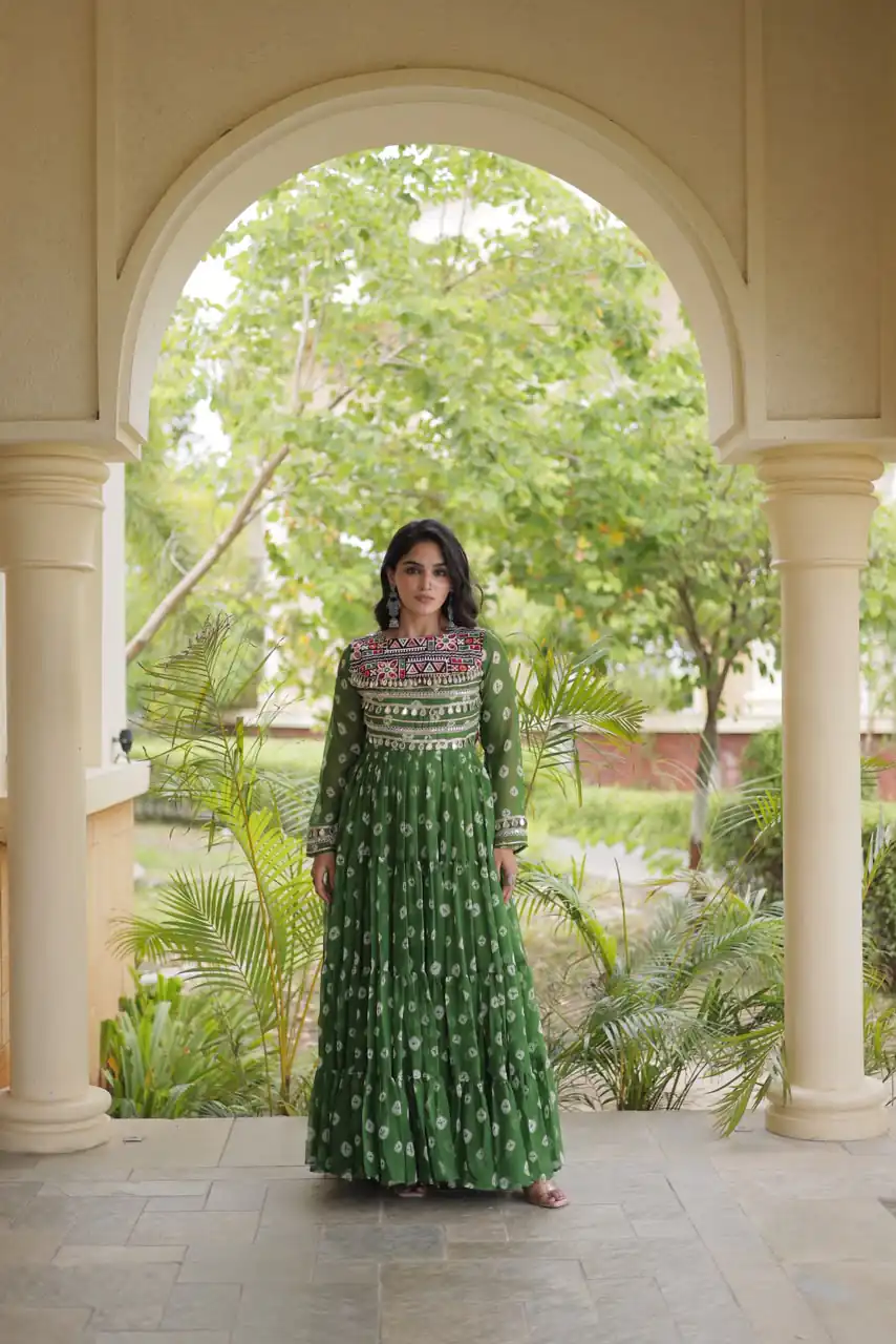 Great Green Faux Georgette Bandhani Kutchi Work Gown - Image 4