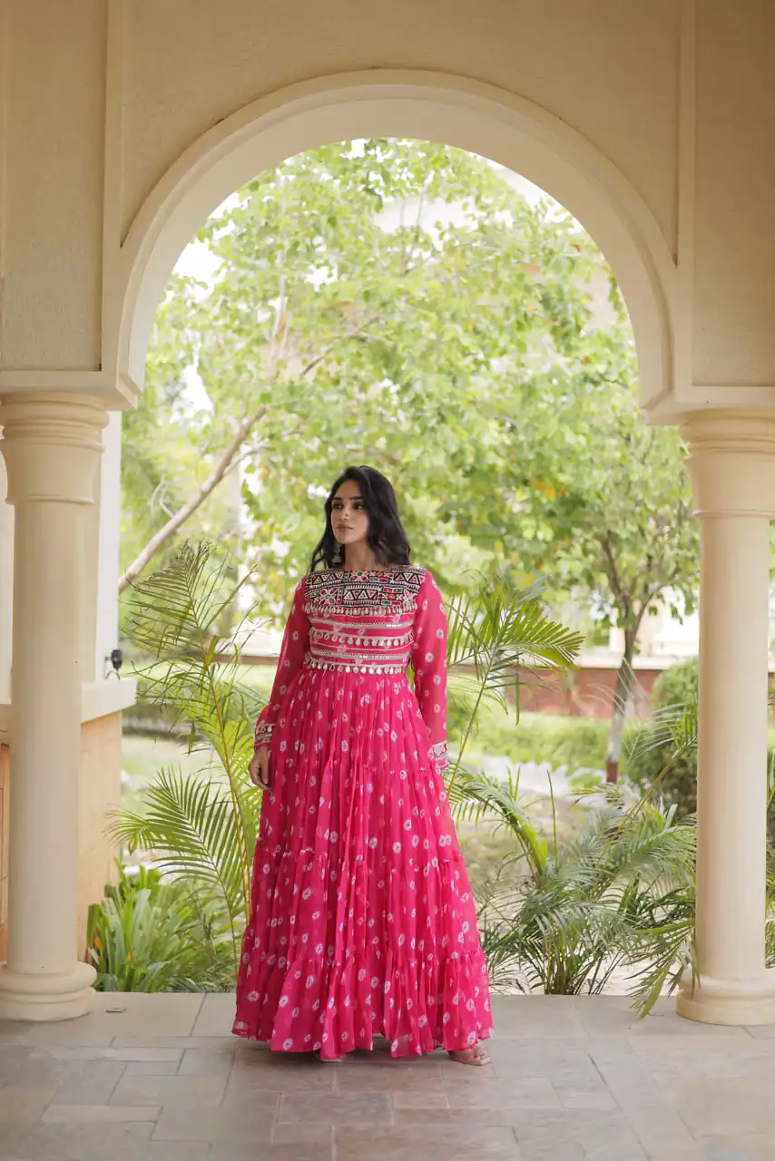 Great Pink Faux Georgette Bandhani Kutchi Work Gown - Image 2