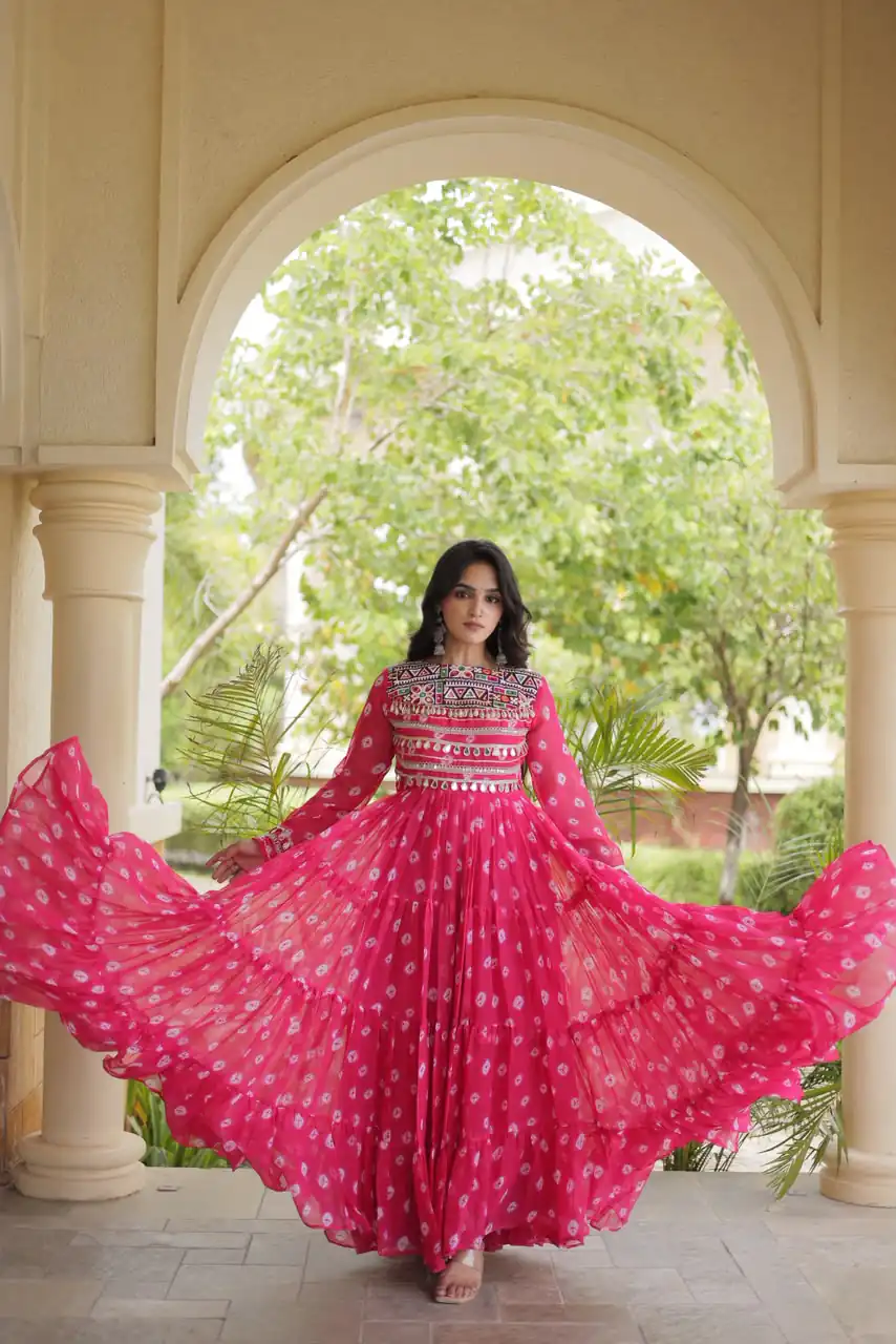 Great Pink Faux Georgette Bandhani Kutchi Work Gown