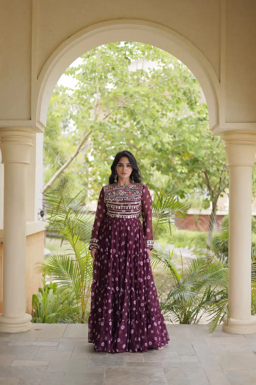 Great Wine Faux Georgette Bandhani Kutchi Work Gown - Image 4