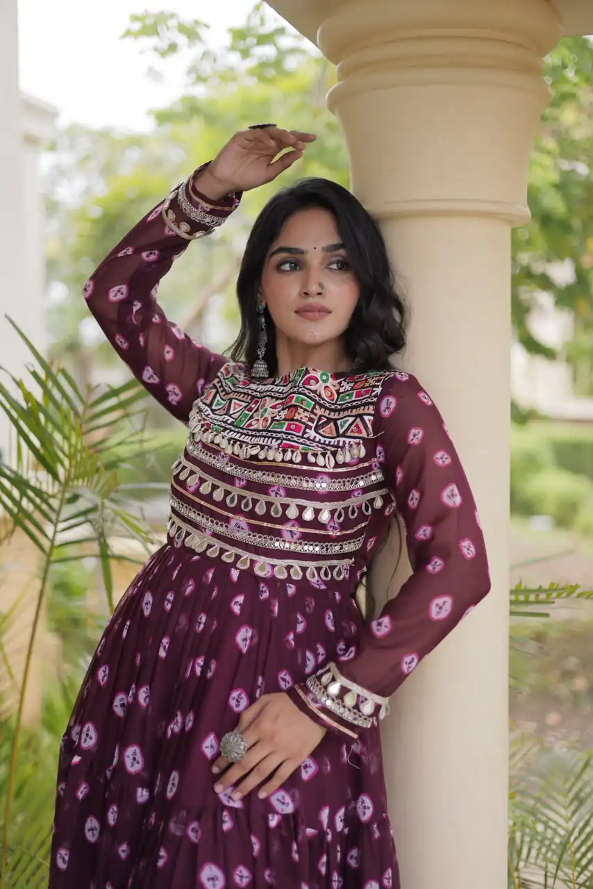 Great Wine Faux Georgette Bandhani Kutchi Work Gown - Image 2