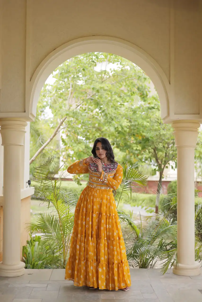 Great Yellow Faux Georgette Bandhani Kutchi Work Gown - Image 2