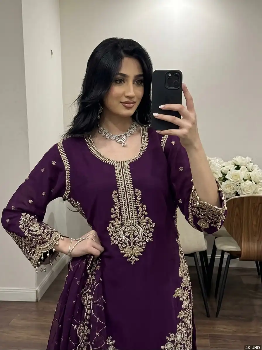 Magical Purple Faux Georgette Embroidery Work Salwar Suit - Image 3
