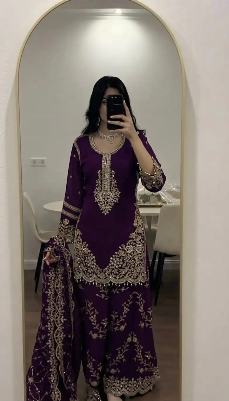 Magical Purple Faux Georgette Embroidery Work Salwar Suit - Image 2