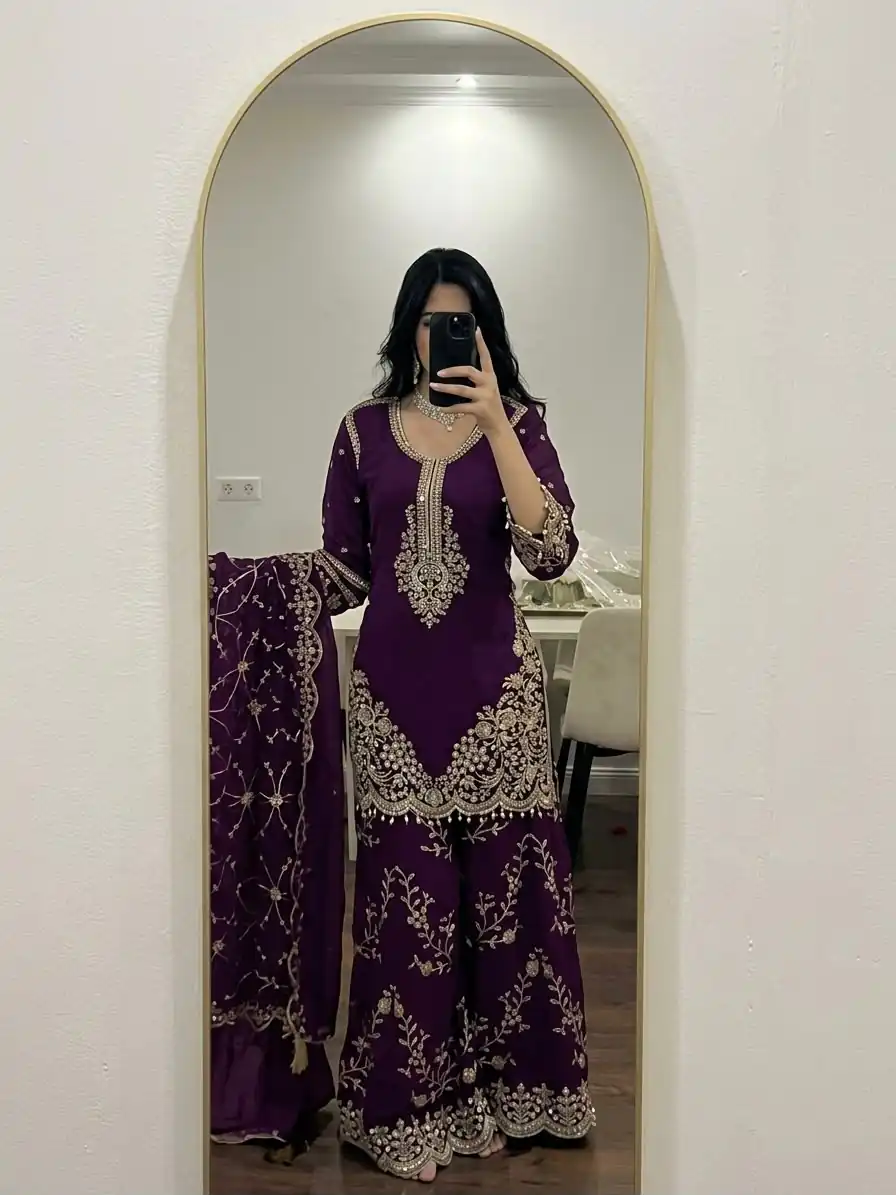 Magical Purple Faux Georgette Embroidery Work Salwar Suit