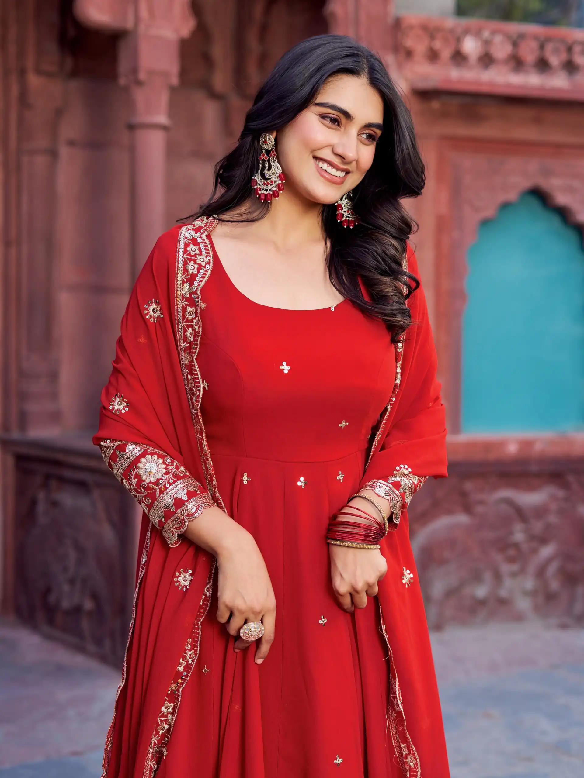 Magical Red Faux Georgette Sequence Work Gown - Image 5