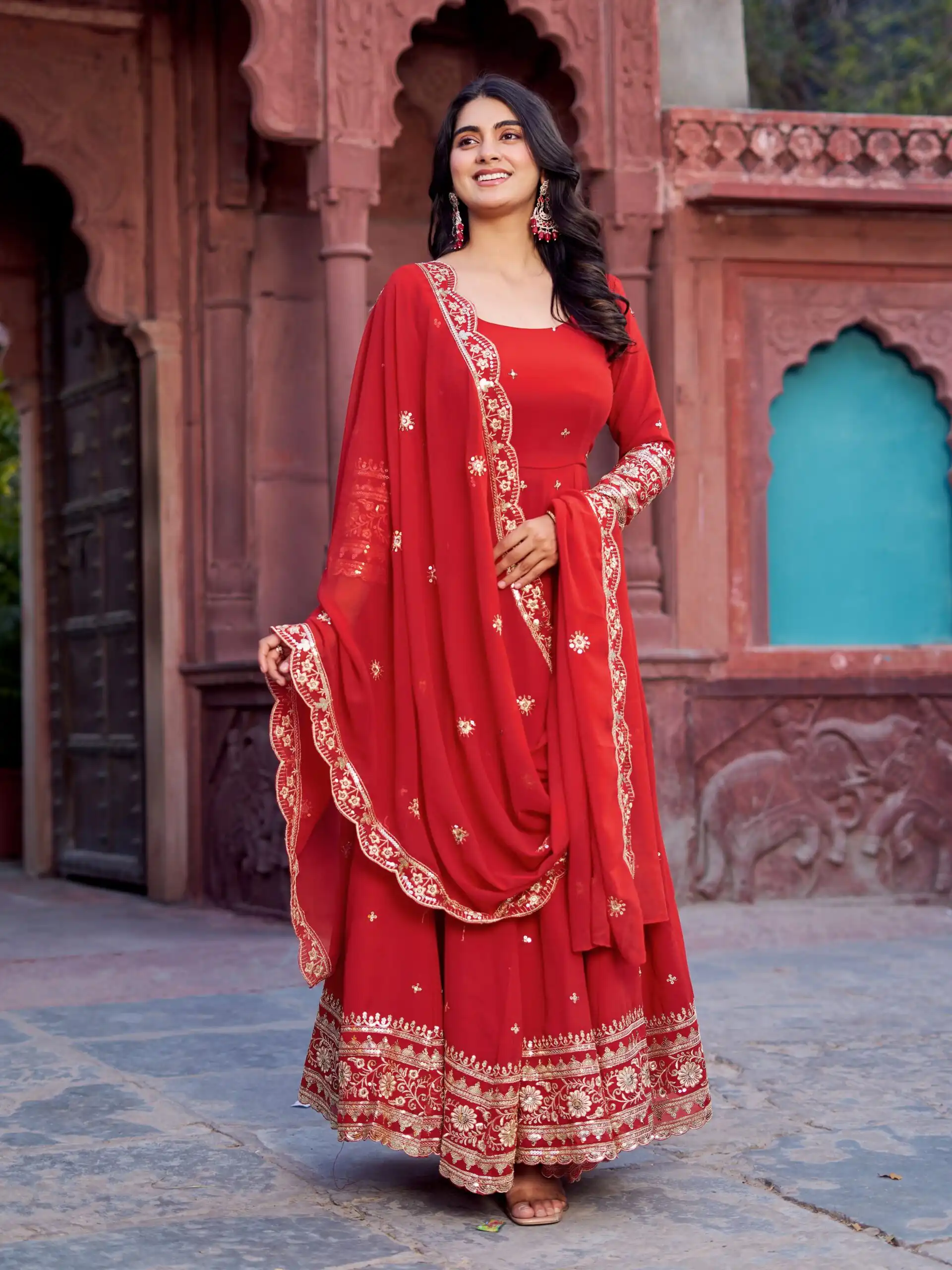 Magical Red Faux Georgette Sequence Work Gown - Image 2