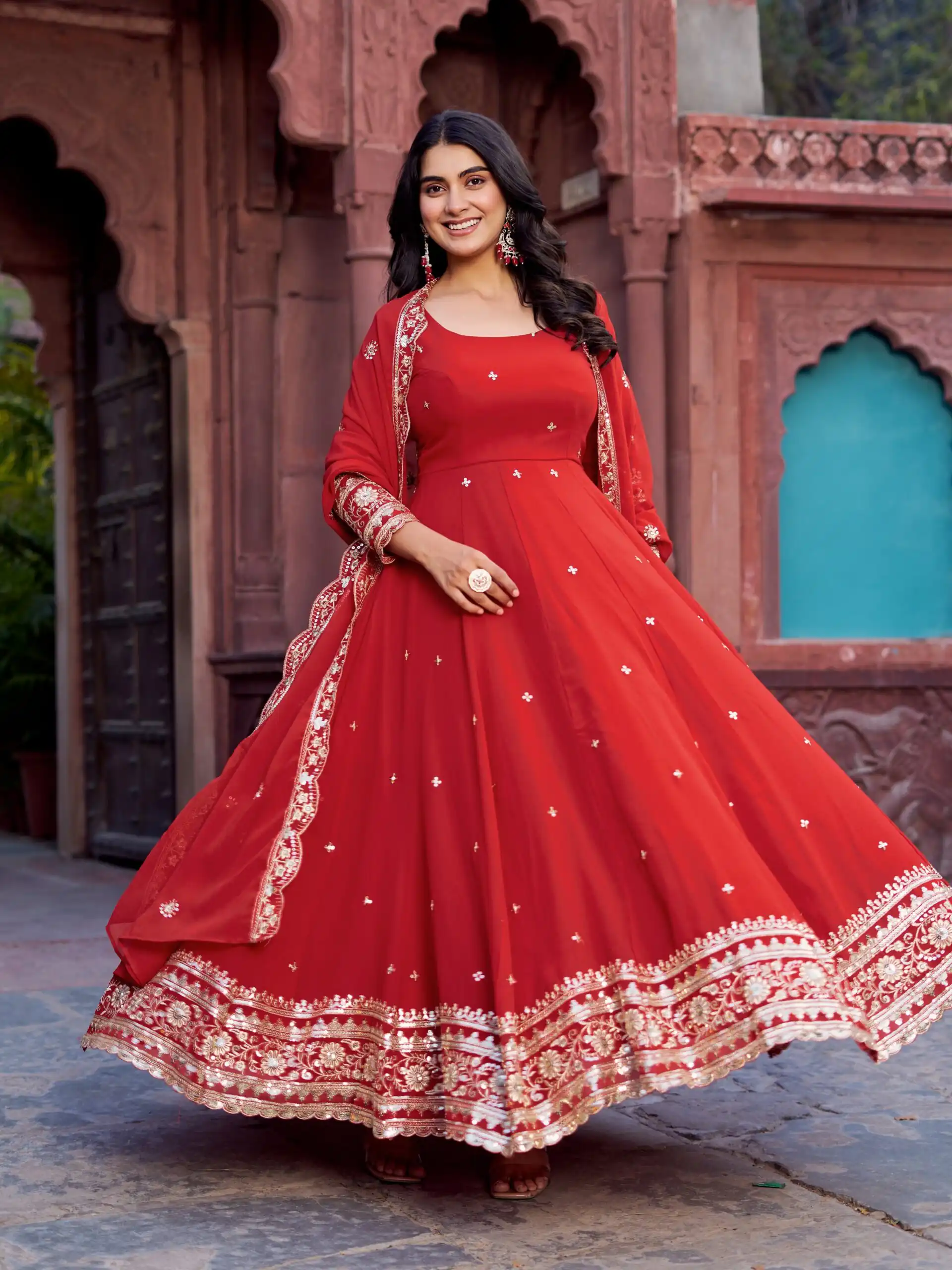 Magical Red Faux Georgette Sequence Work Gown