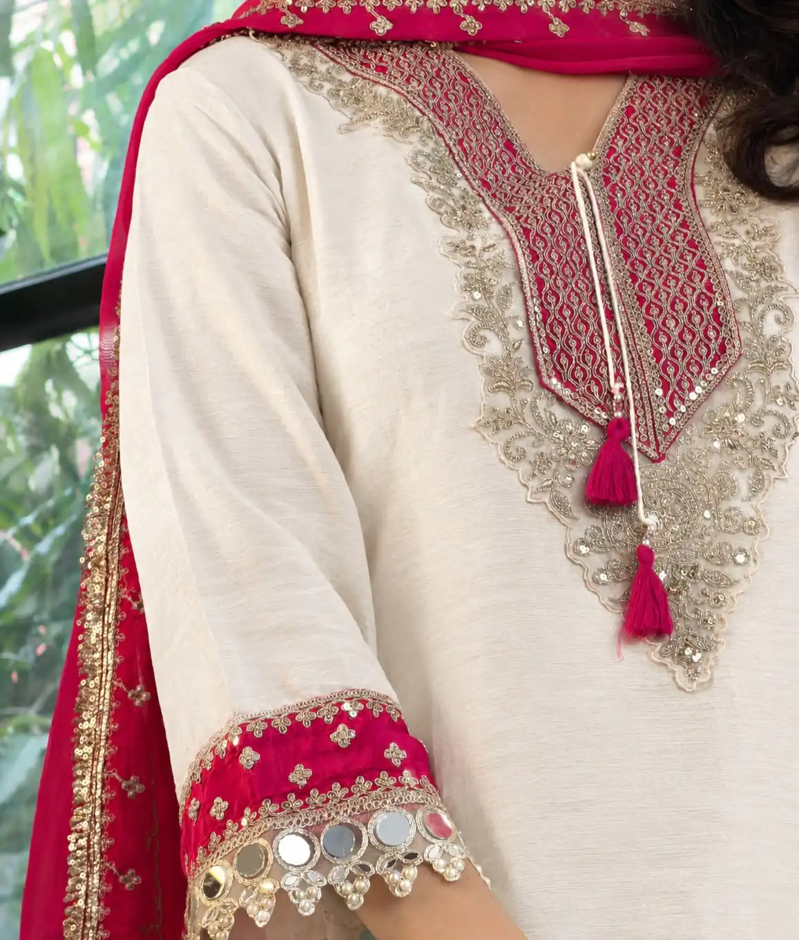 Magical White Chinon Silk Real Mirror Work Salwar Suit - Image 11