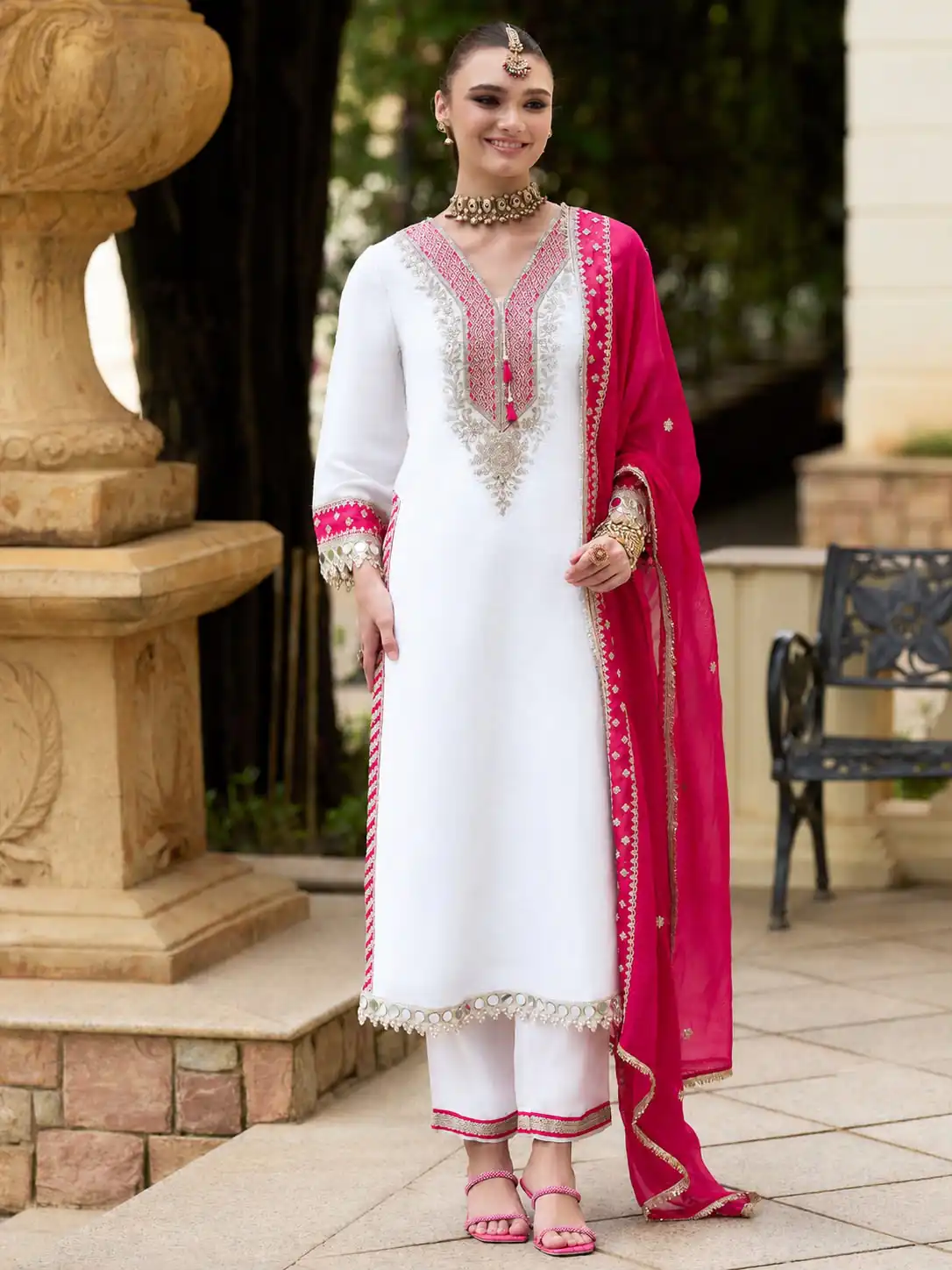 Magical White Chinon Silk Real Mirror Work Salwar Suit - Image 8