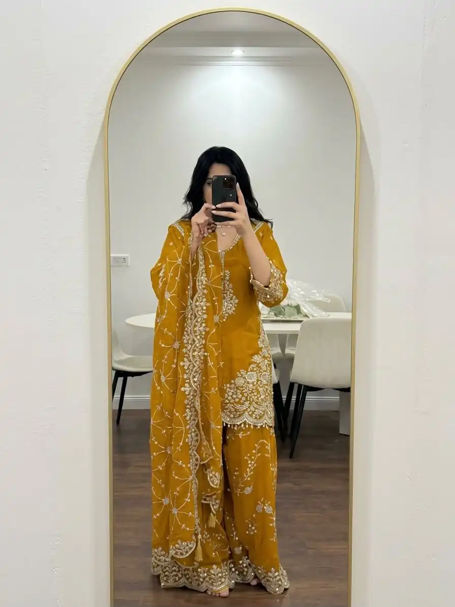 Magical Yellow Faux Georgette Embroidery Work Salwar Suit - Image 6