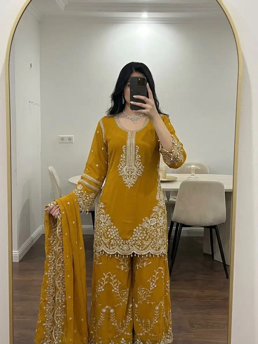 Magical Yellow Faux Georgette Embroidery Work Salwar Suit - Image 5