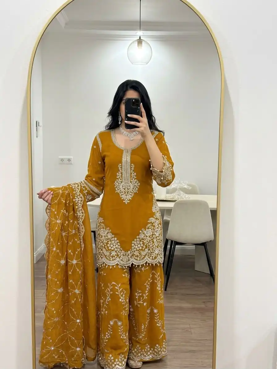 Magical Yellow Faux Georgette Embroidery Work Salwar Suit - Image 4