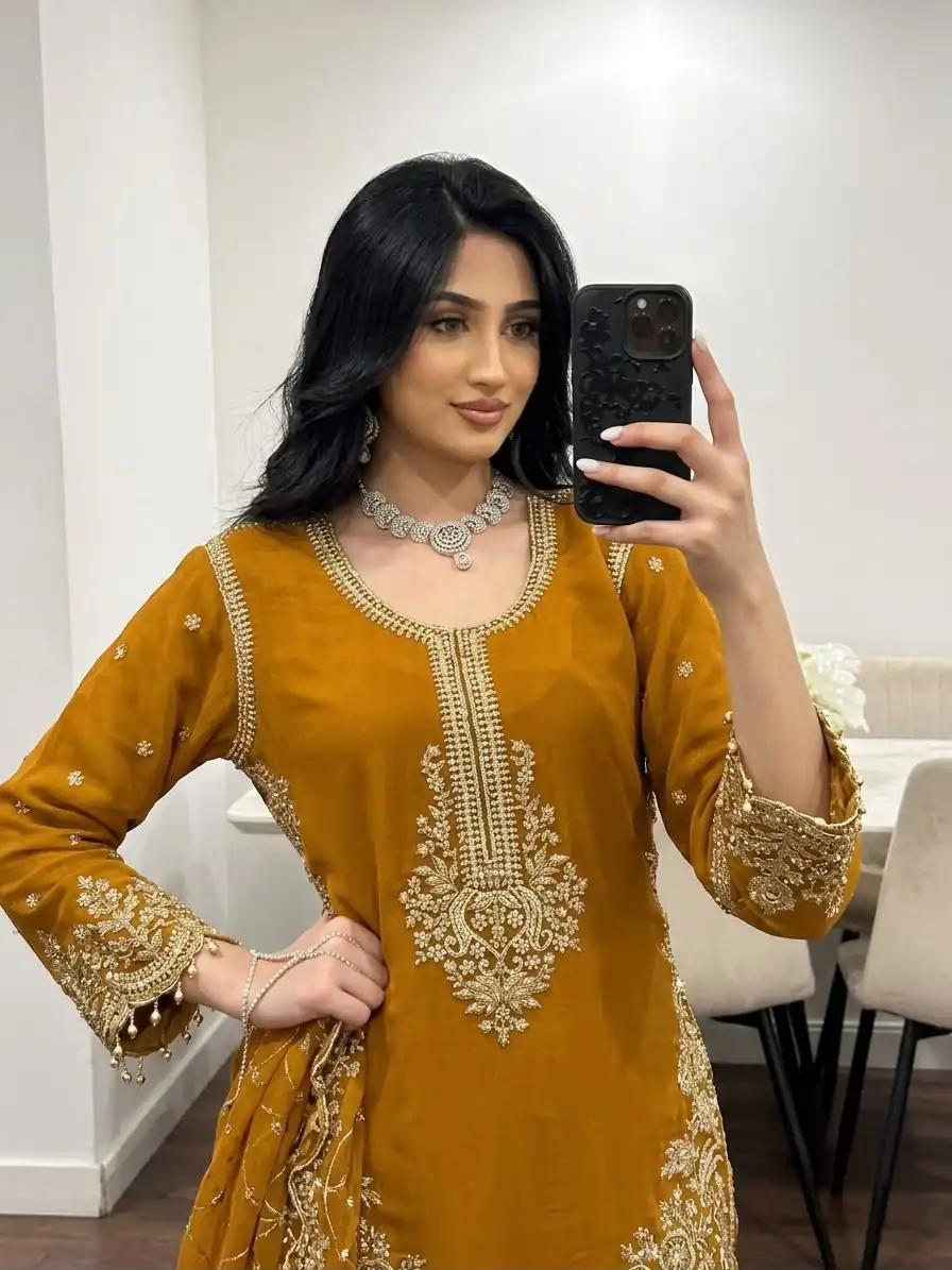 Magical Yellow Faux Georgette Embroidery Work Salwar Suit - Image 3