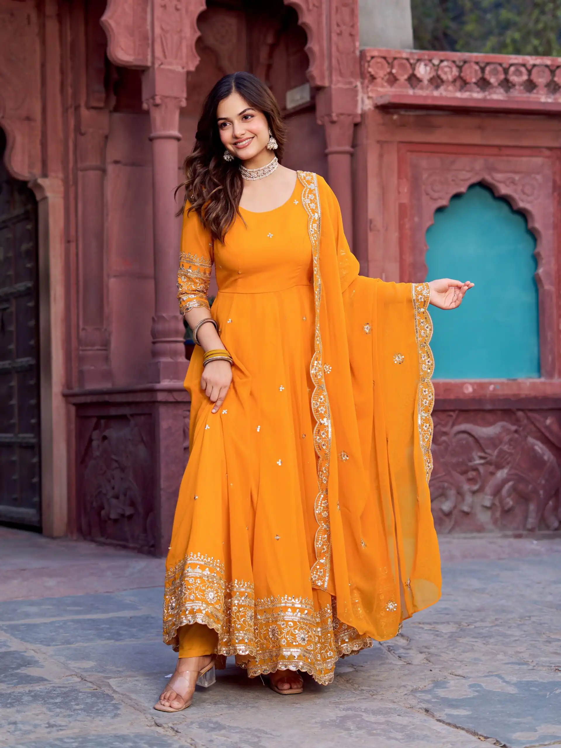 Magical Yellow Faux Georgette Sequence Work Gown - Image 3