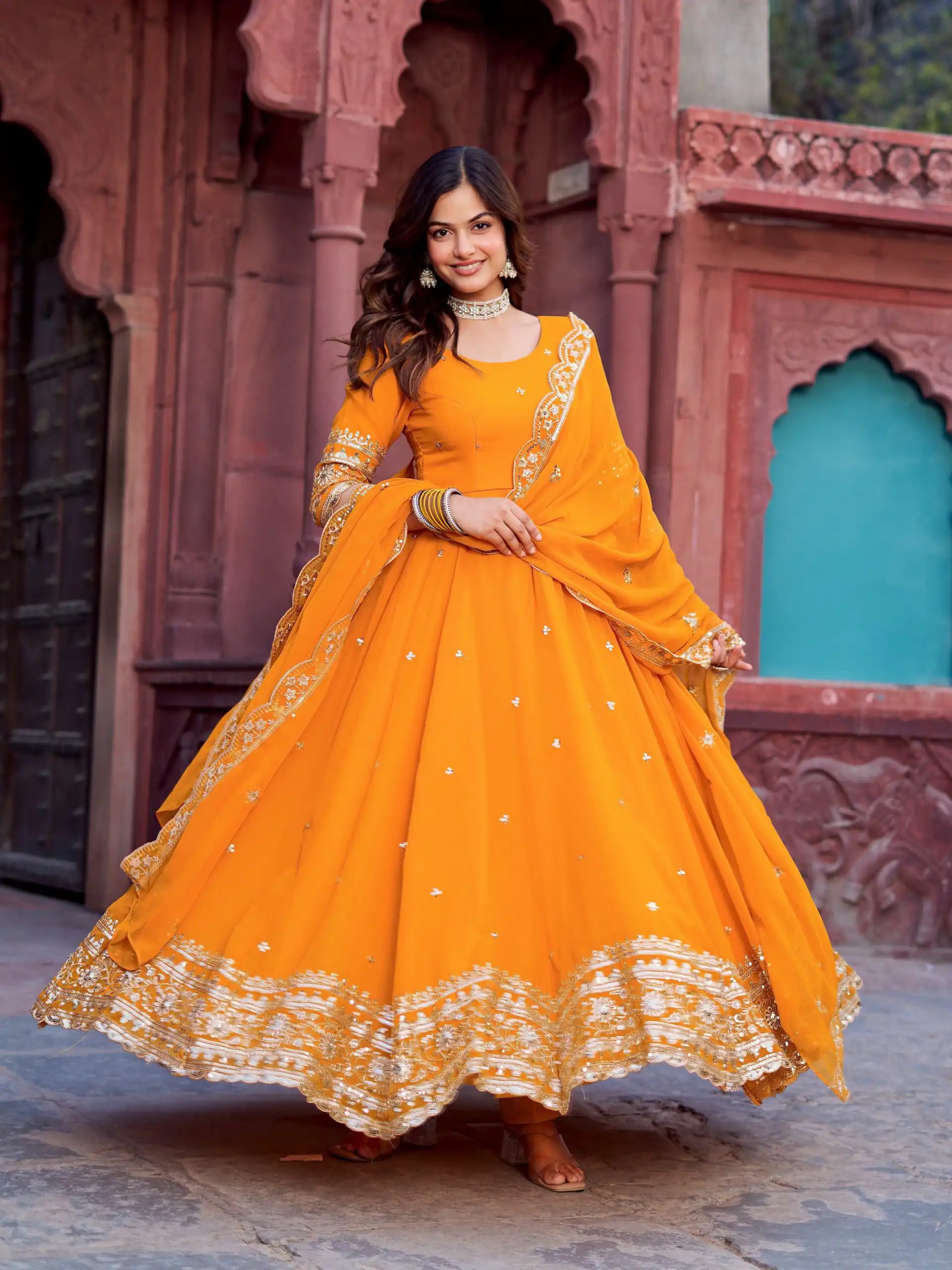 Magical Yellow Faux Georgette Sequence Work Gown - Image 2