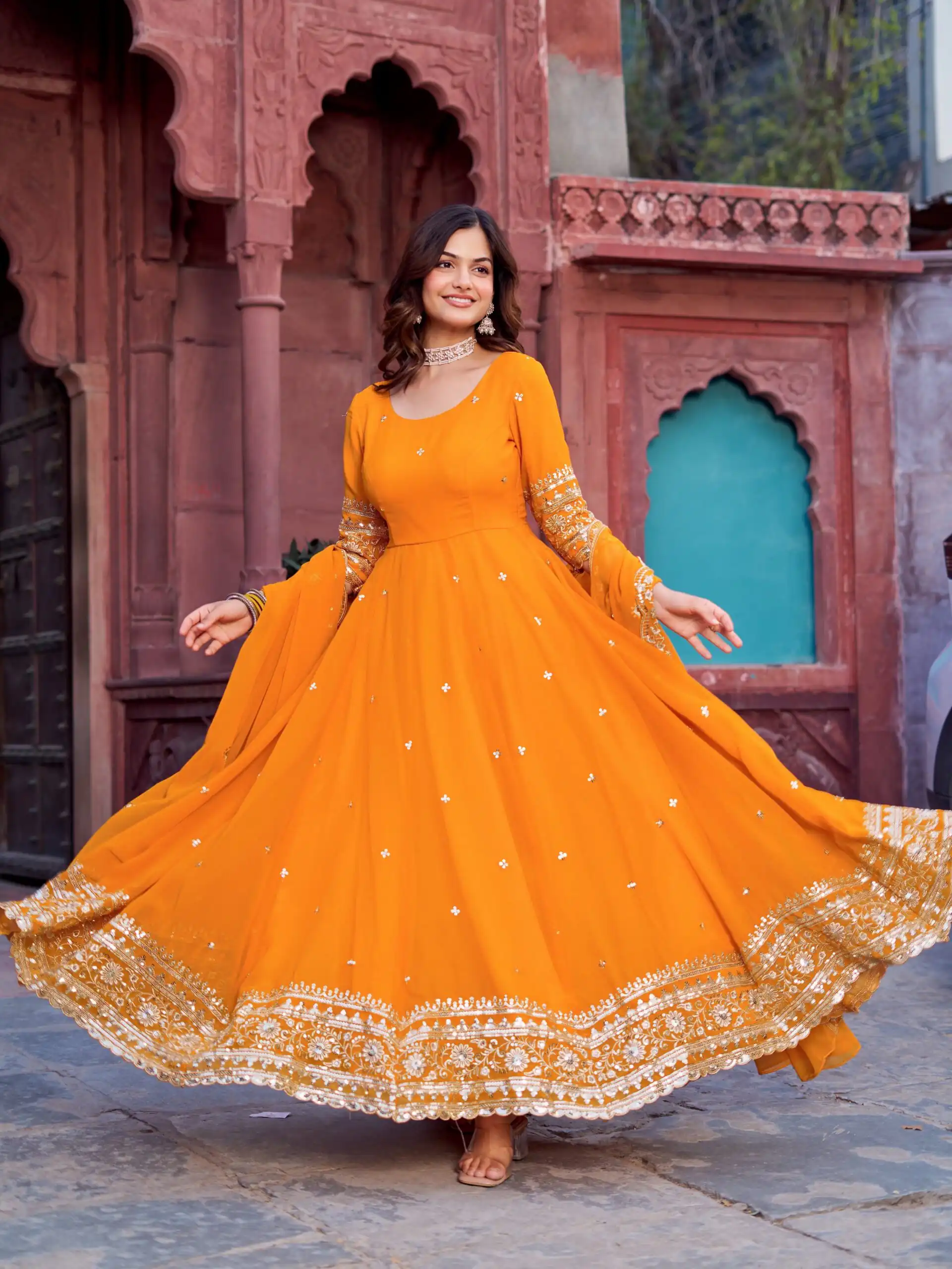 Magical Yellow Faux Georgette Sequence Work Gown