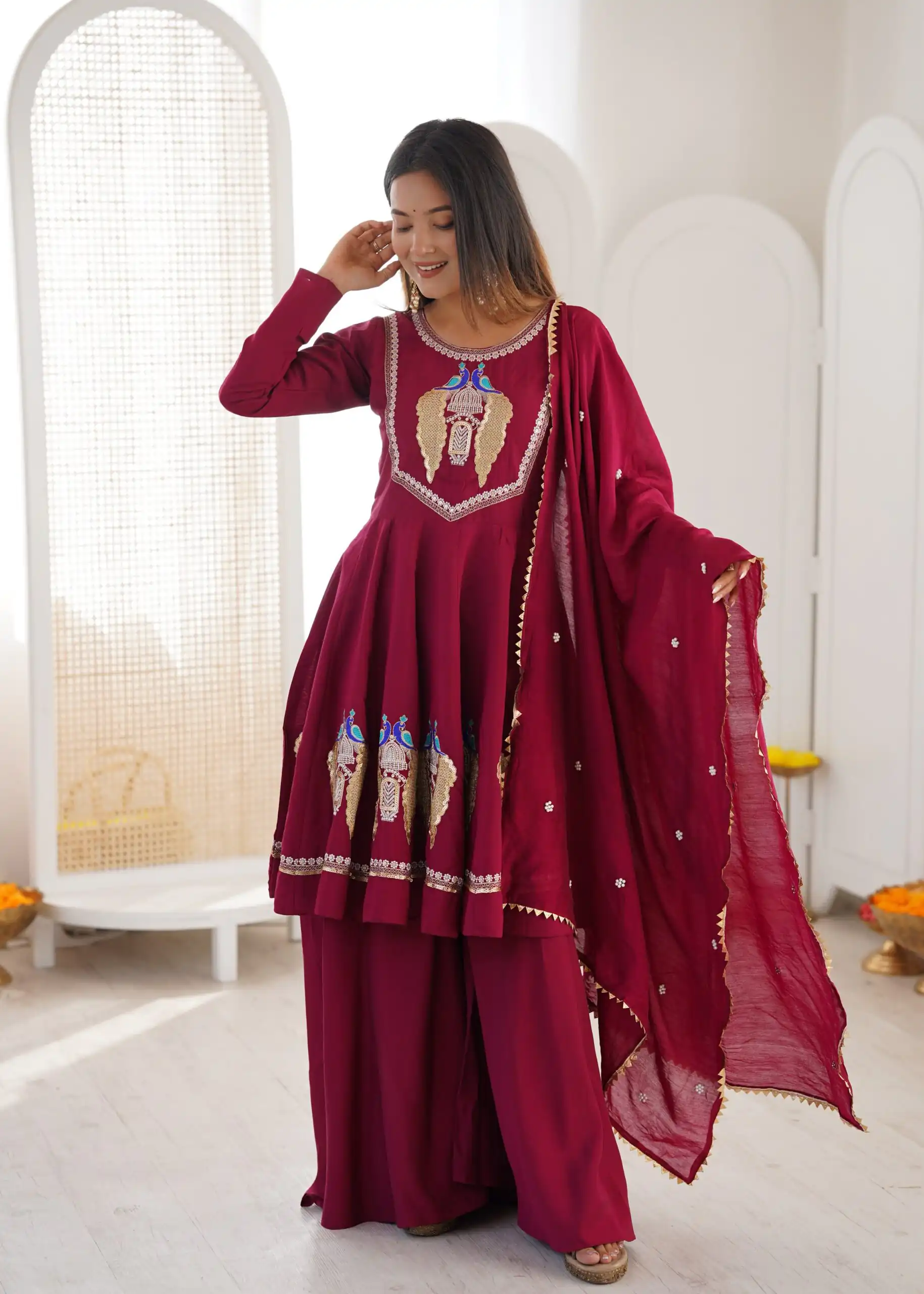 Nice Maroon Roman Silk Embroidery Work Salwar Suit - Image 11