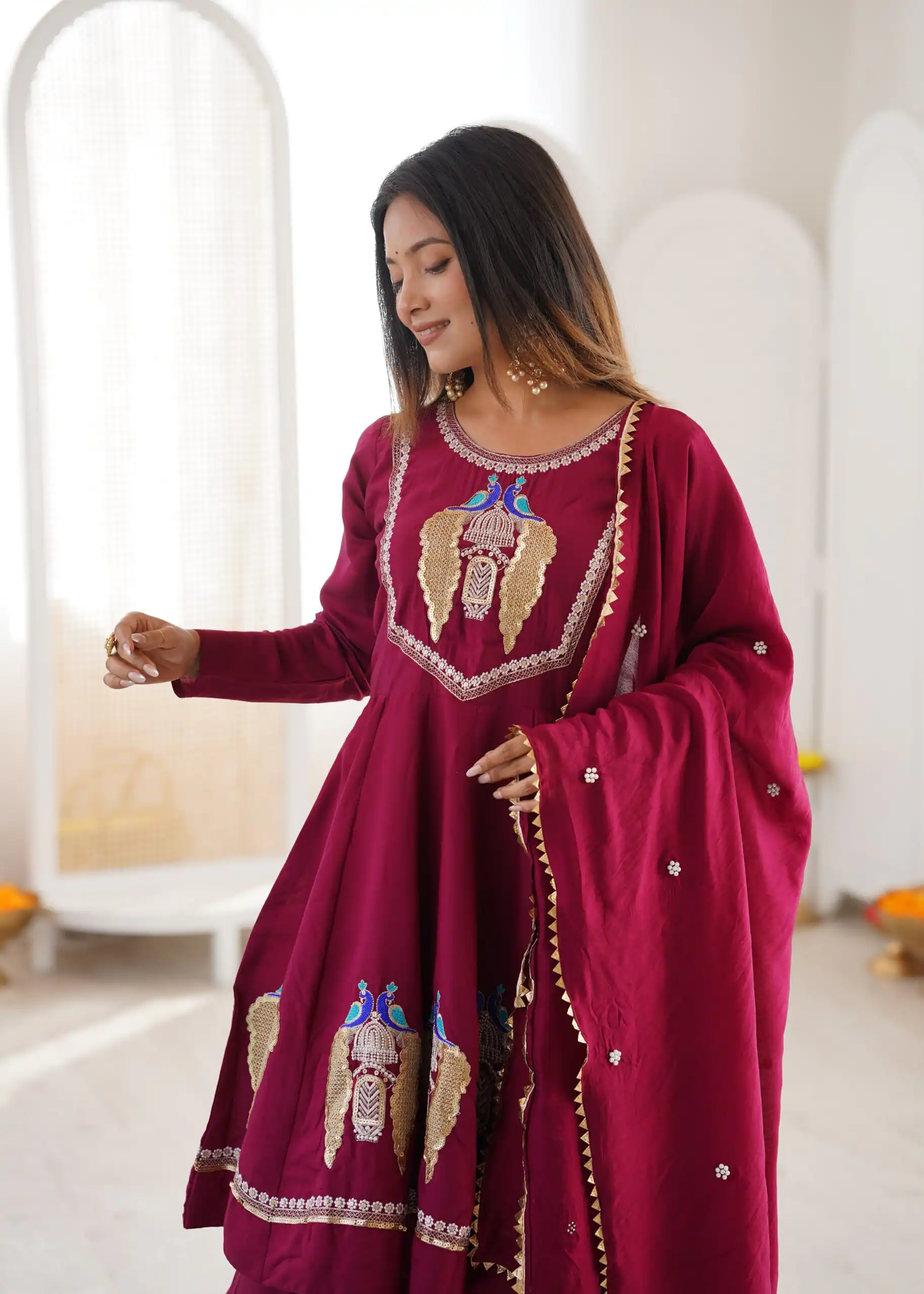 Nice Maroon Roman Silk Embroidery Work Salwar Suit - Image 2