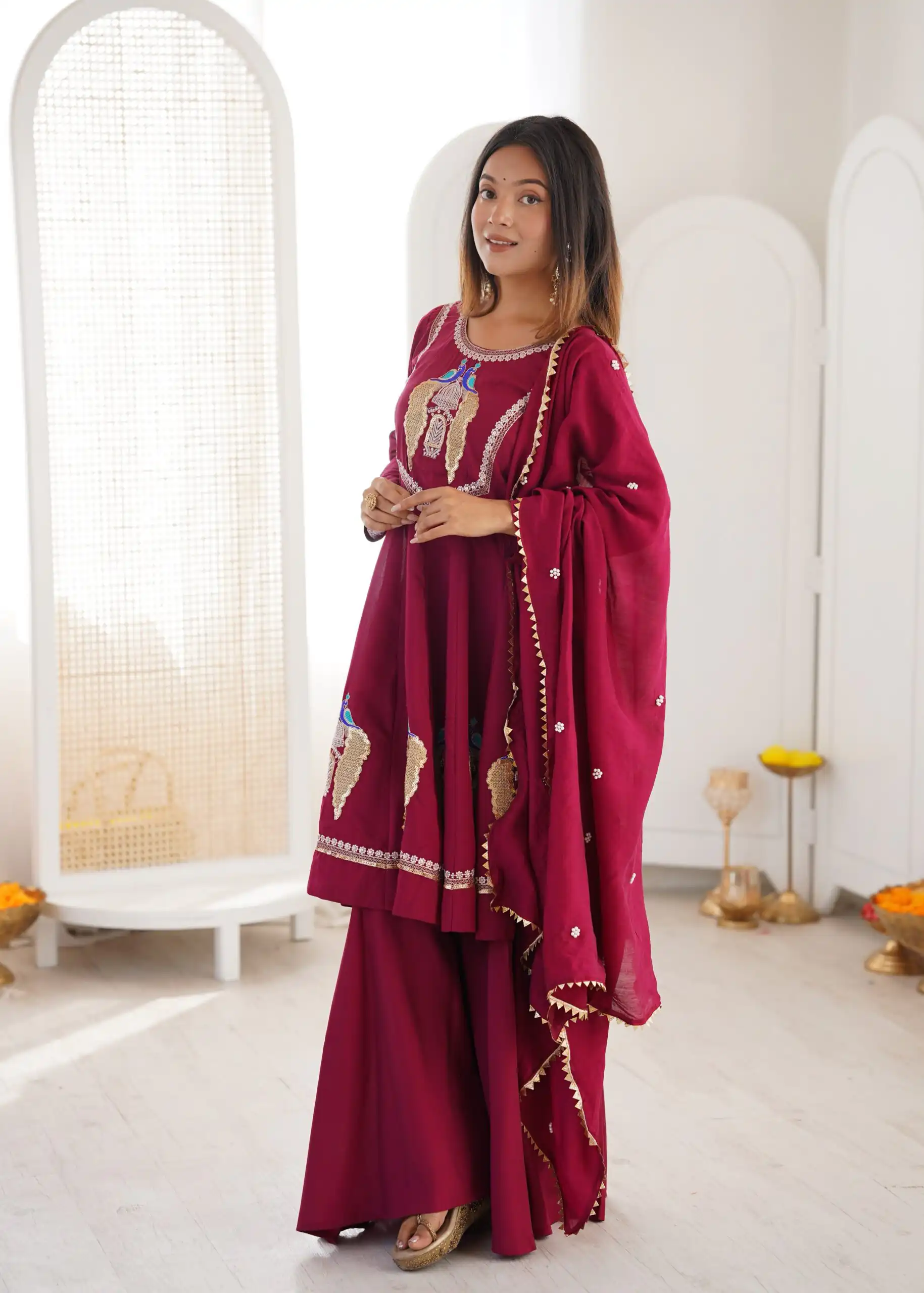 Nice Maroon Roman Silk Embroidery Work Salwar Suit - Image 9