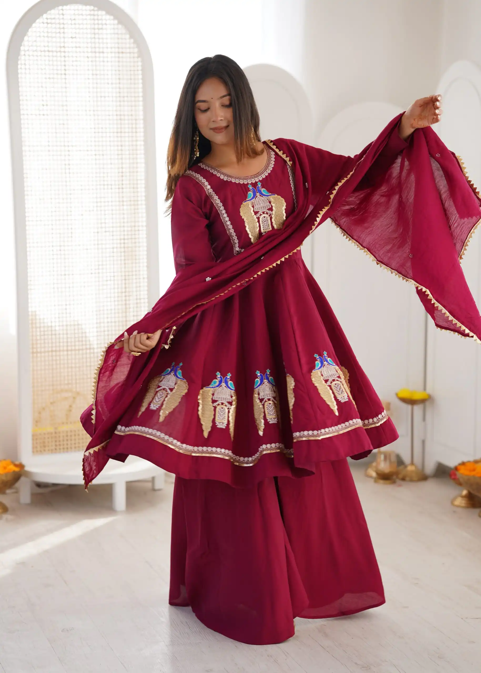 Nice Maroon Roman Silk Embroidery Work Salwar Suit - Image 8