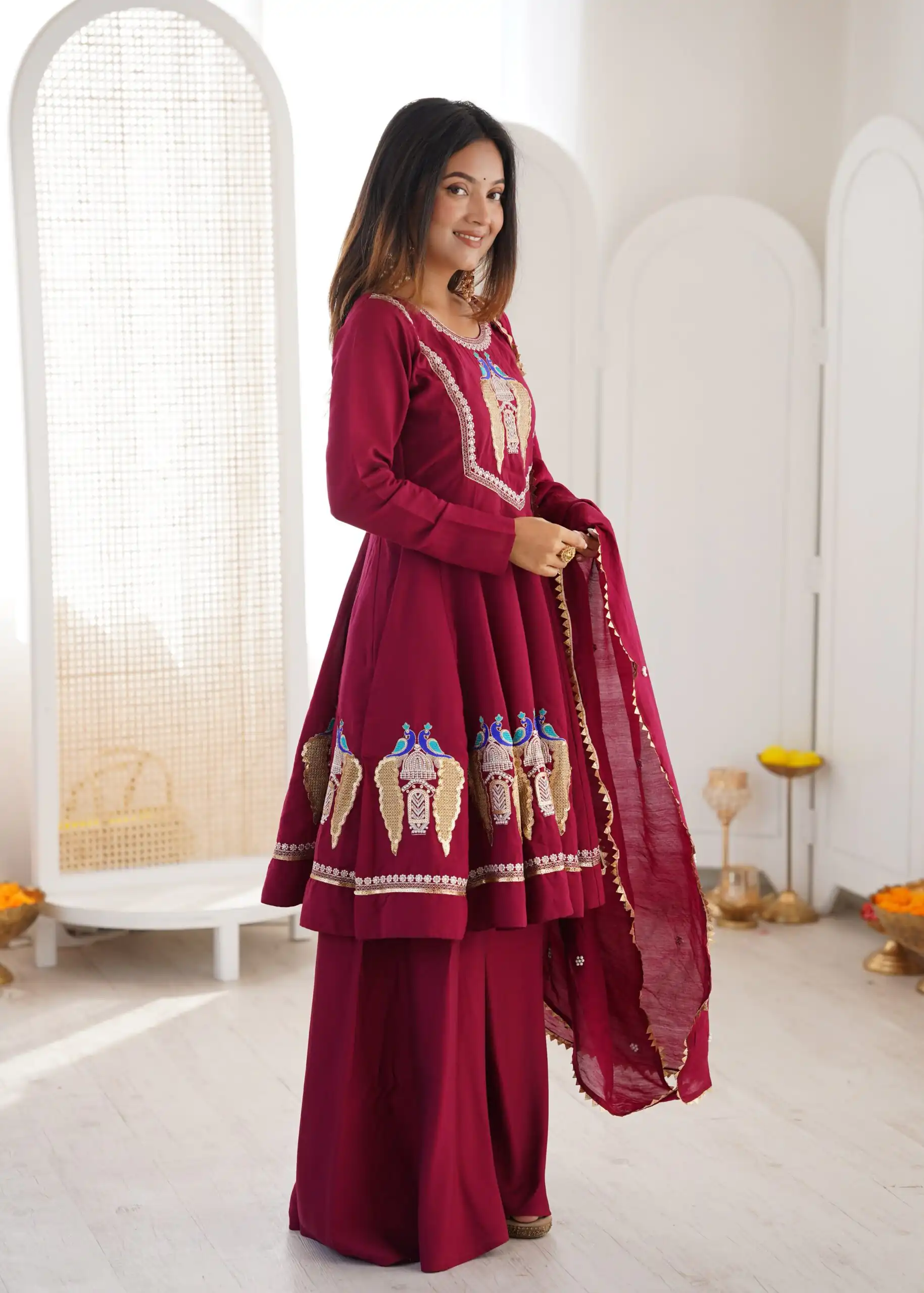 Nice Maroon Roman Silk Embroidery Work Salwar Suit - Image 7