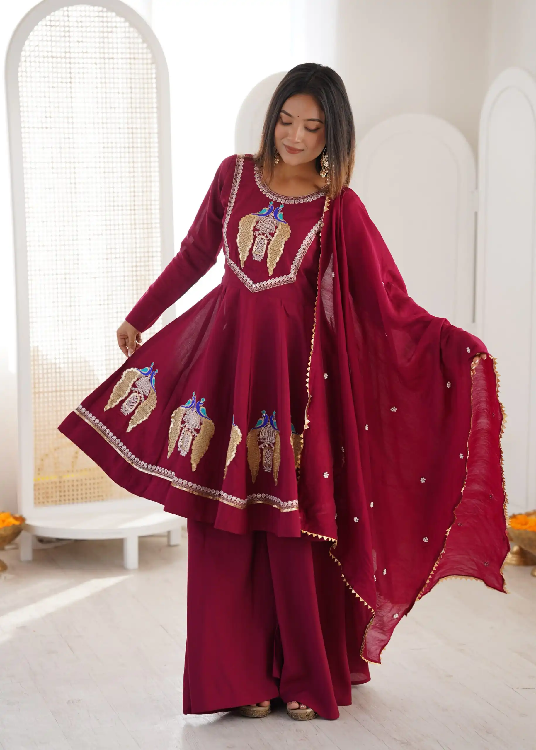 Nice Maroon Roman Silk Embroidery Work Salwar Suit - Image 6