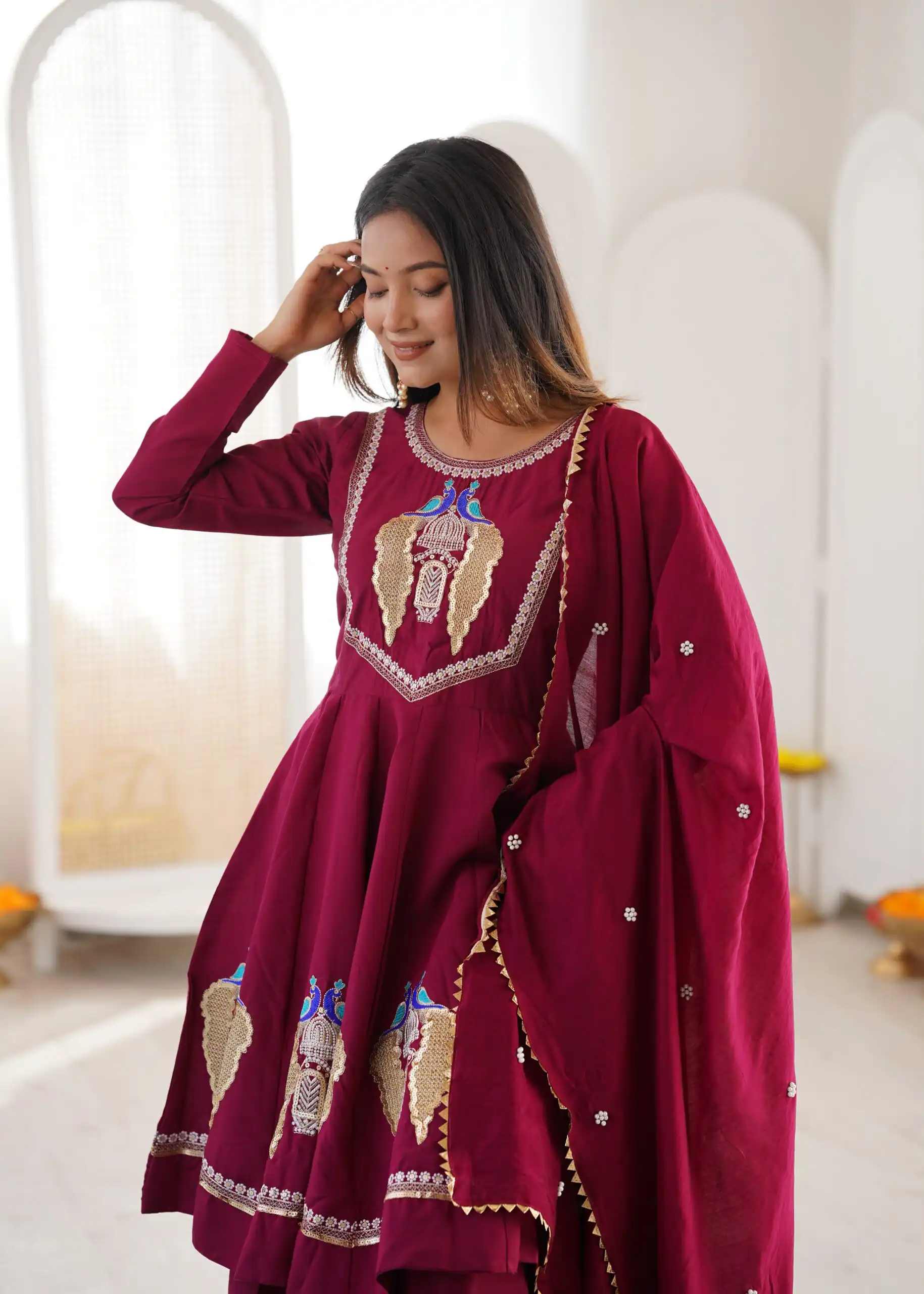 Nice Maroon Roman Silk Embroidery Work Salwar Suit - Image 5