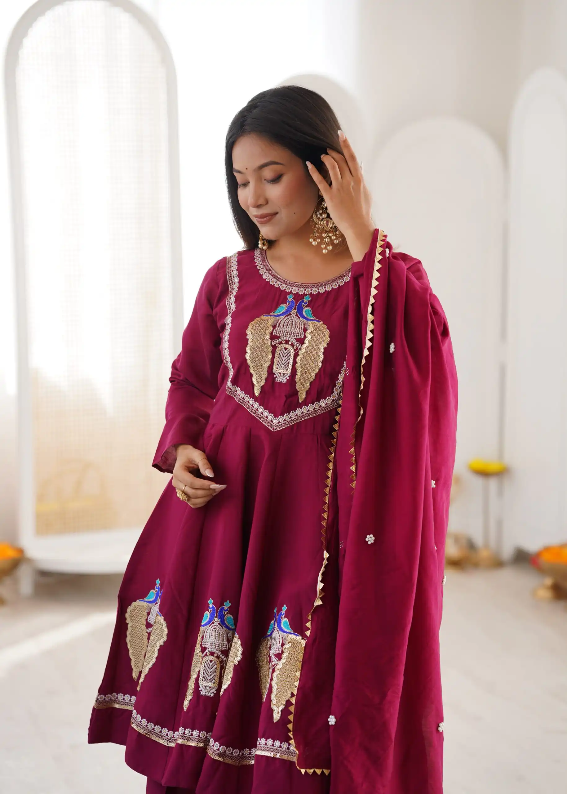 Nice Maroon Roman Silk Embroidery Work Salwar Suit - Image 4
