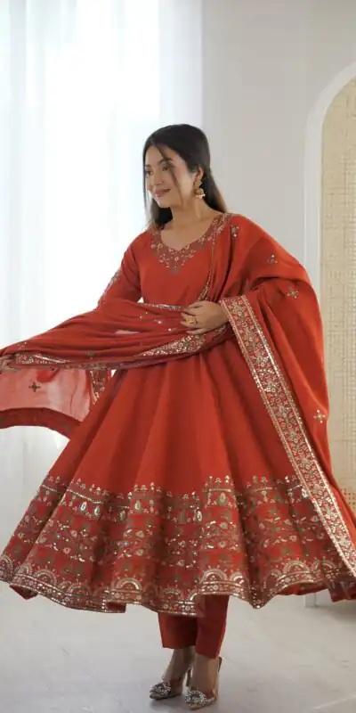 Nice Orange Roman Silk Embroidery Work Gown