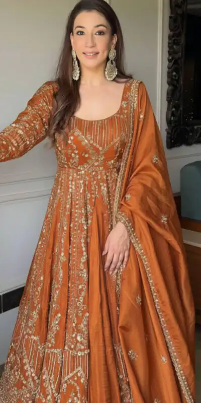 Orange Crunchy Silk Lace Embroidery Work Gown