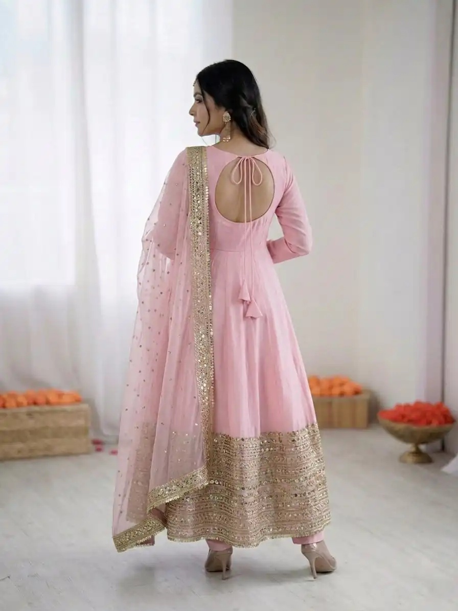 Pink Roman Silk Embroidery Lace Work Gown - Image 6