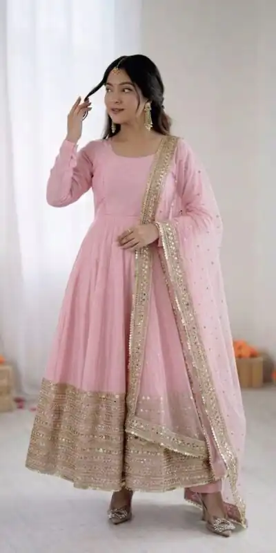 Pink Roman Silk Embroidery Lace Work Gown