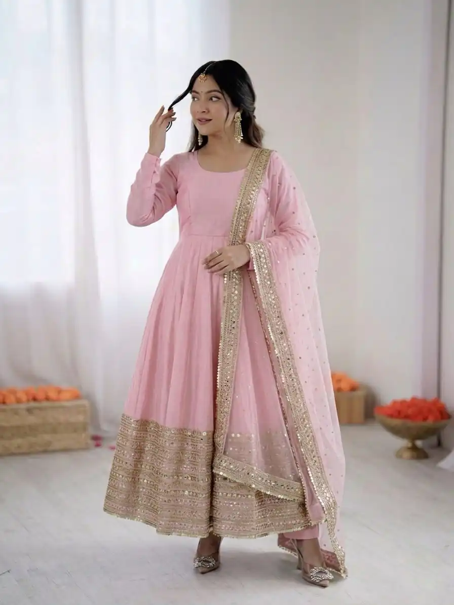 Pink Roman Silk Embroidery Lace Work Gown