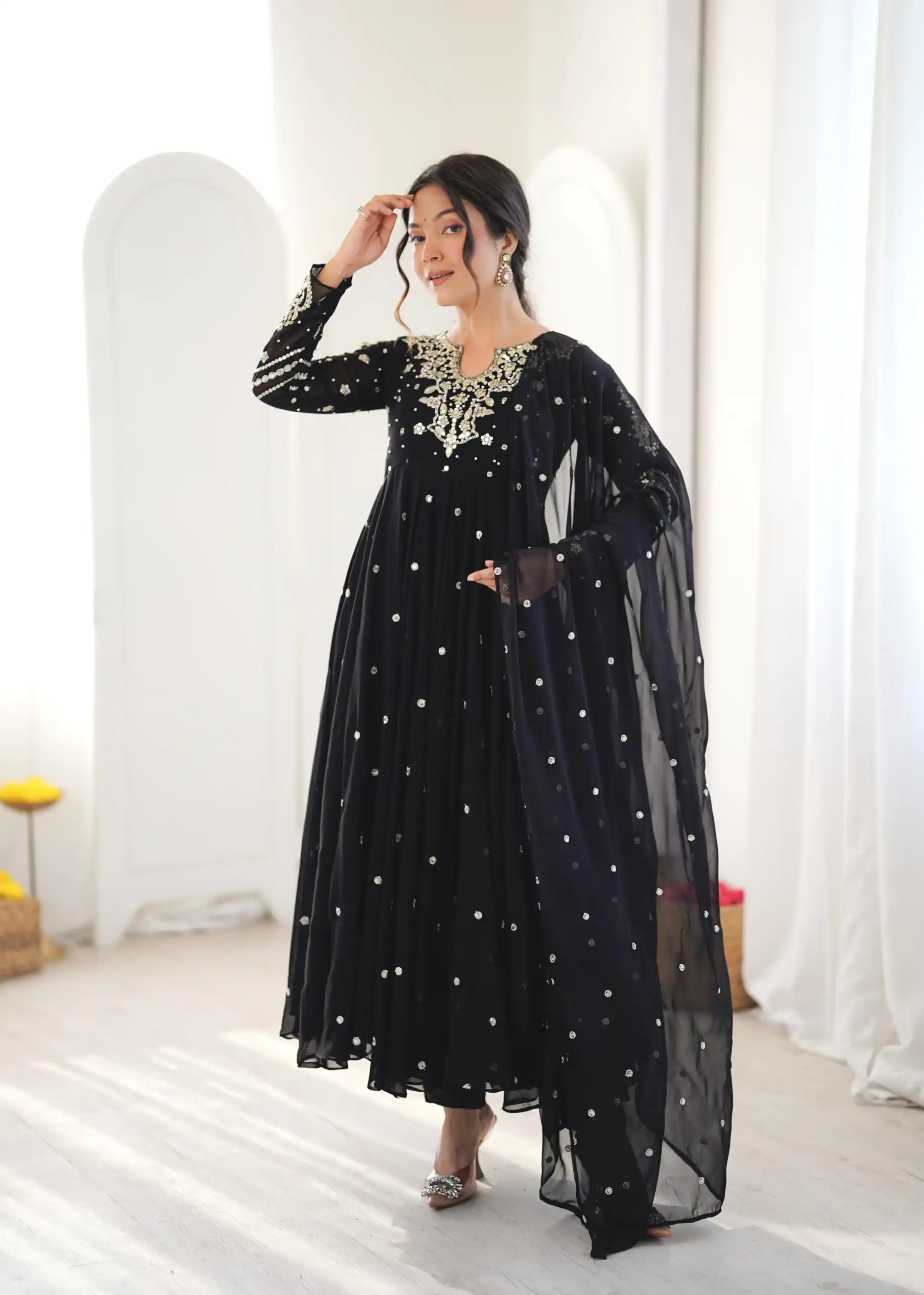 Pretty Black Faux Georgette Embroider Work Salwar Suit - Image 2