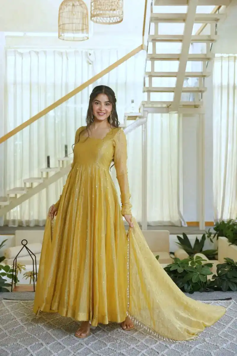 Pretty Gold Salsa Silk Embroidery Work Gown - Image 3