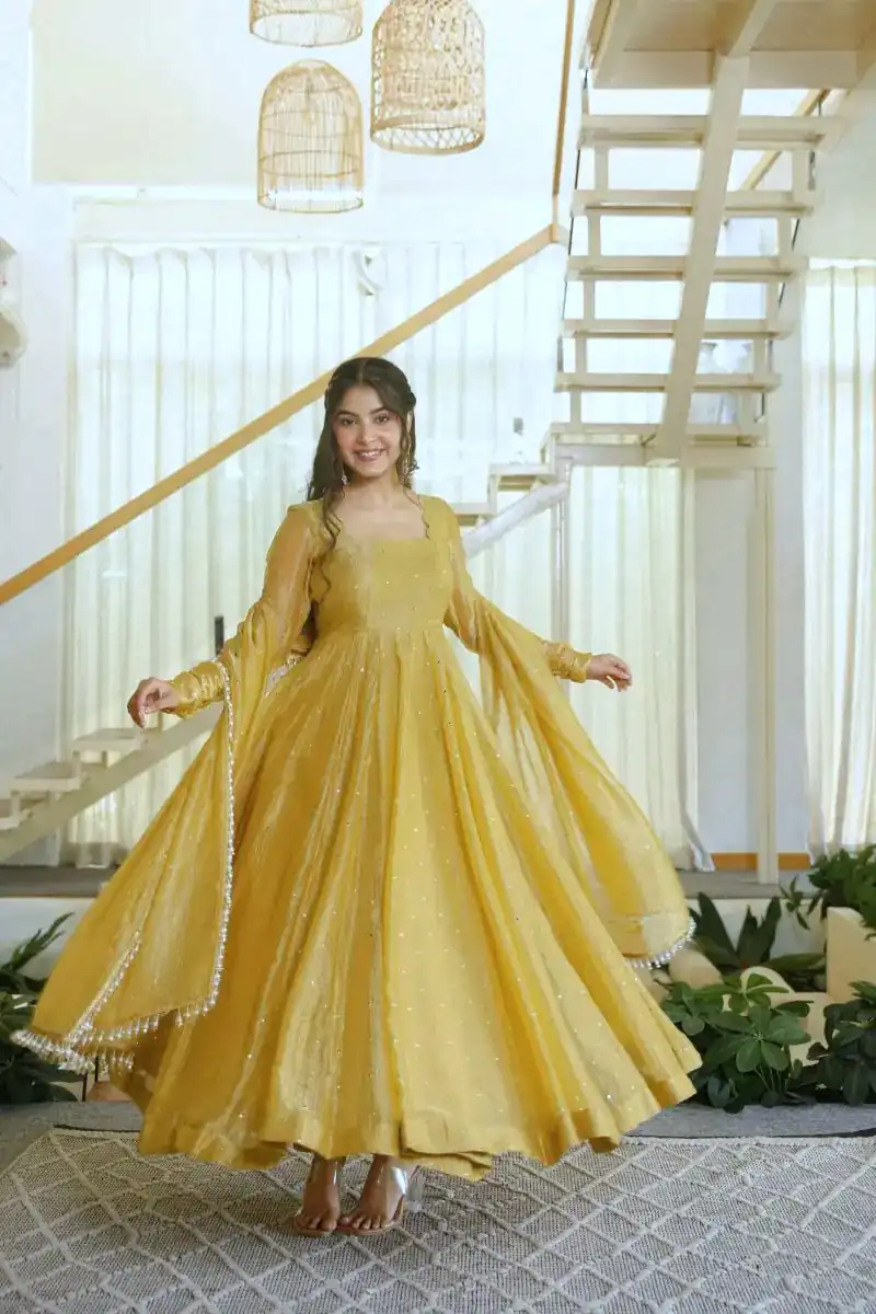 Pretty Gold Salsa Silk Embroidery Work Gown - Image 2