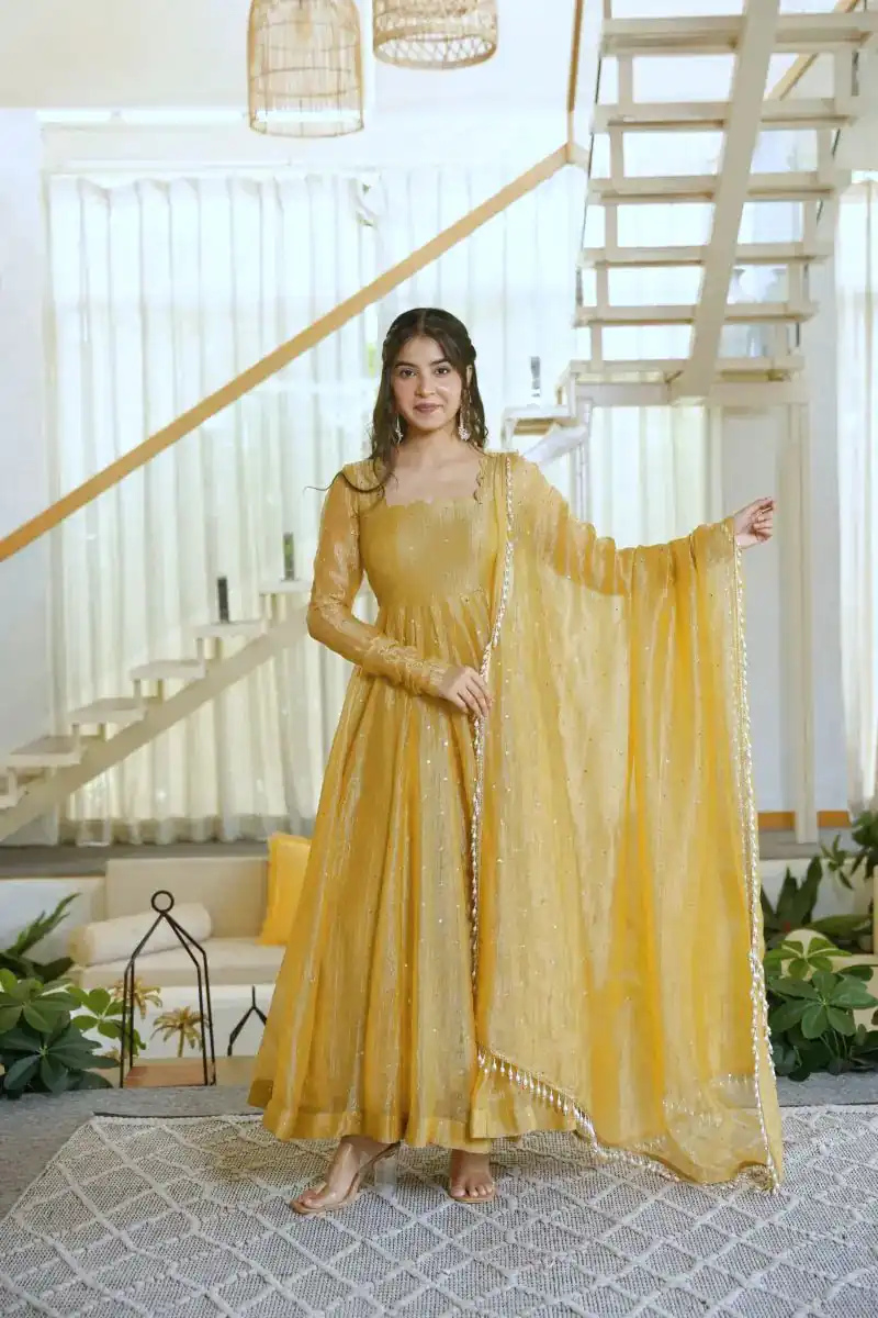 Pretty Gold Salsa Silk Embroidery Work Gown