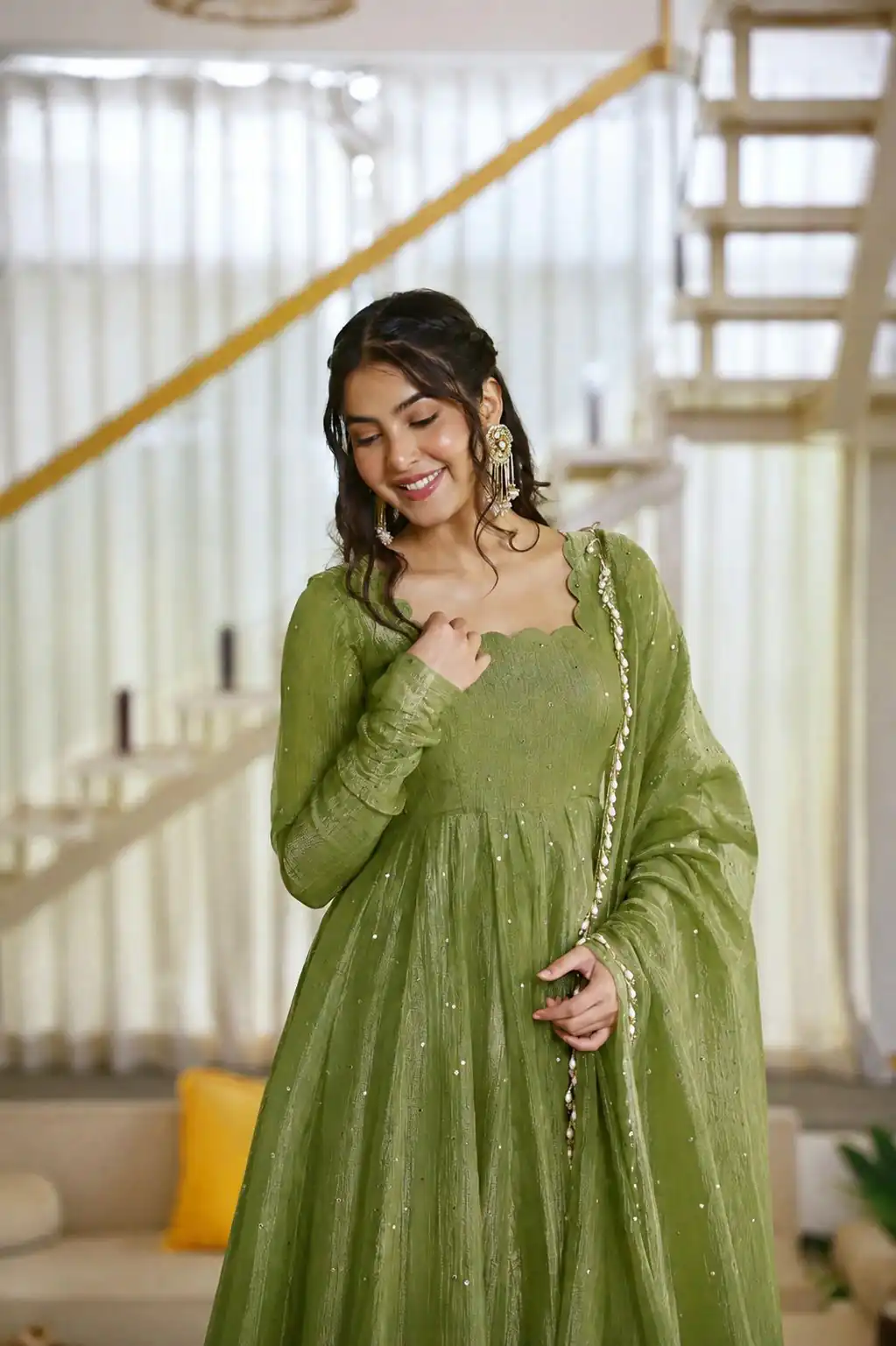 Pretty Green Salsa Silk Embroidery Work Gown