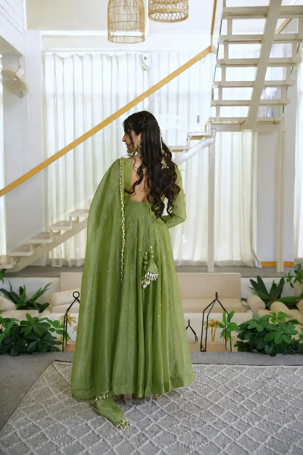 Pretty Green Salsa Silk Embroidery Work Gown - Image 6