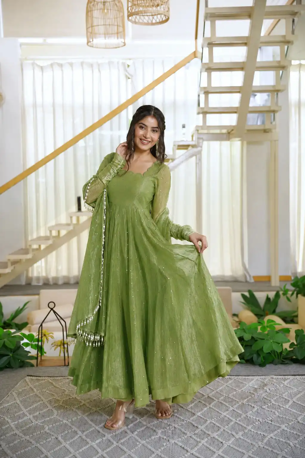 Pretty Green Salsa Silk Embroidery Work Gown - Image 5