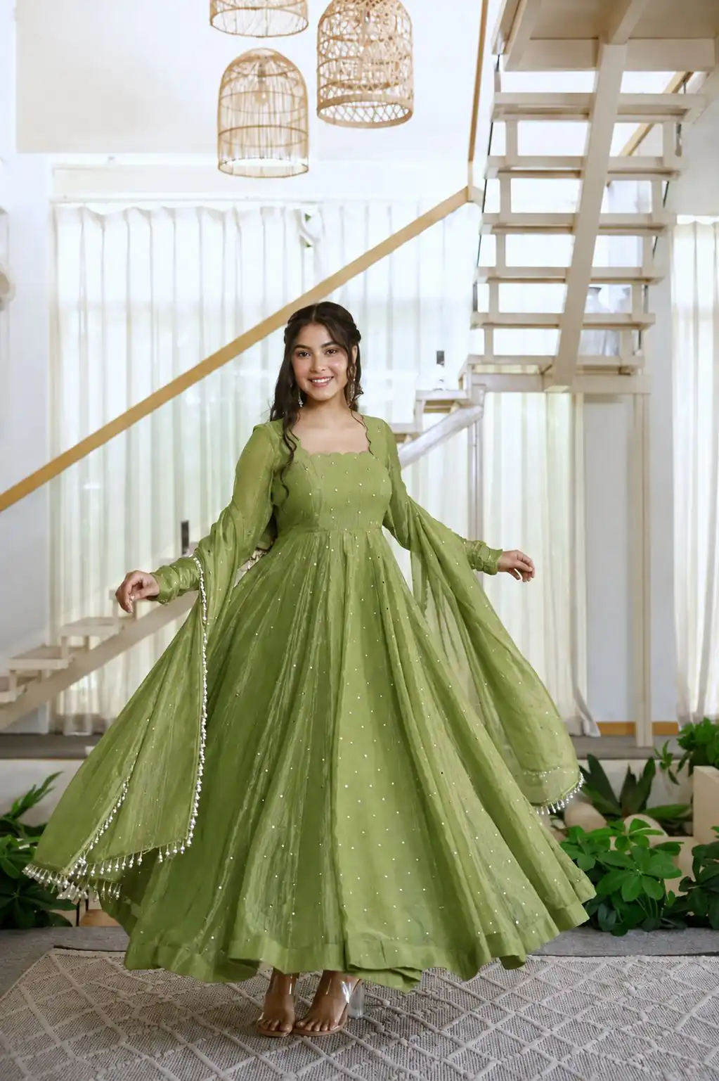 Pretty Green Salsa Silk Embroidery Work Gown - Image 4